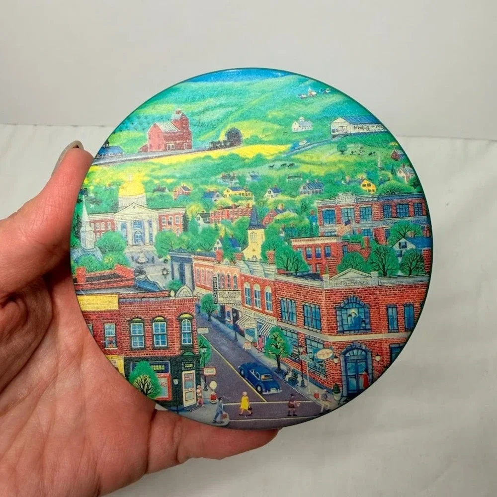 Vintage Heilig-Meyers‎ Folk Art Small Town Main Street Coaster Set with Tin 4pc